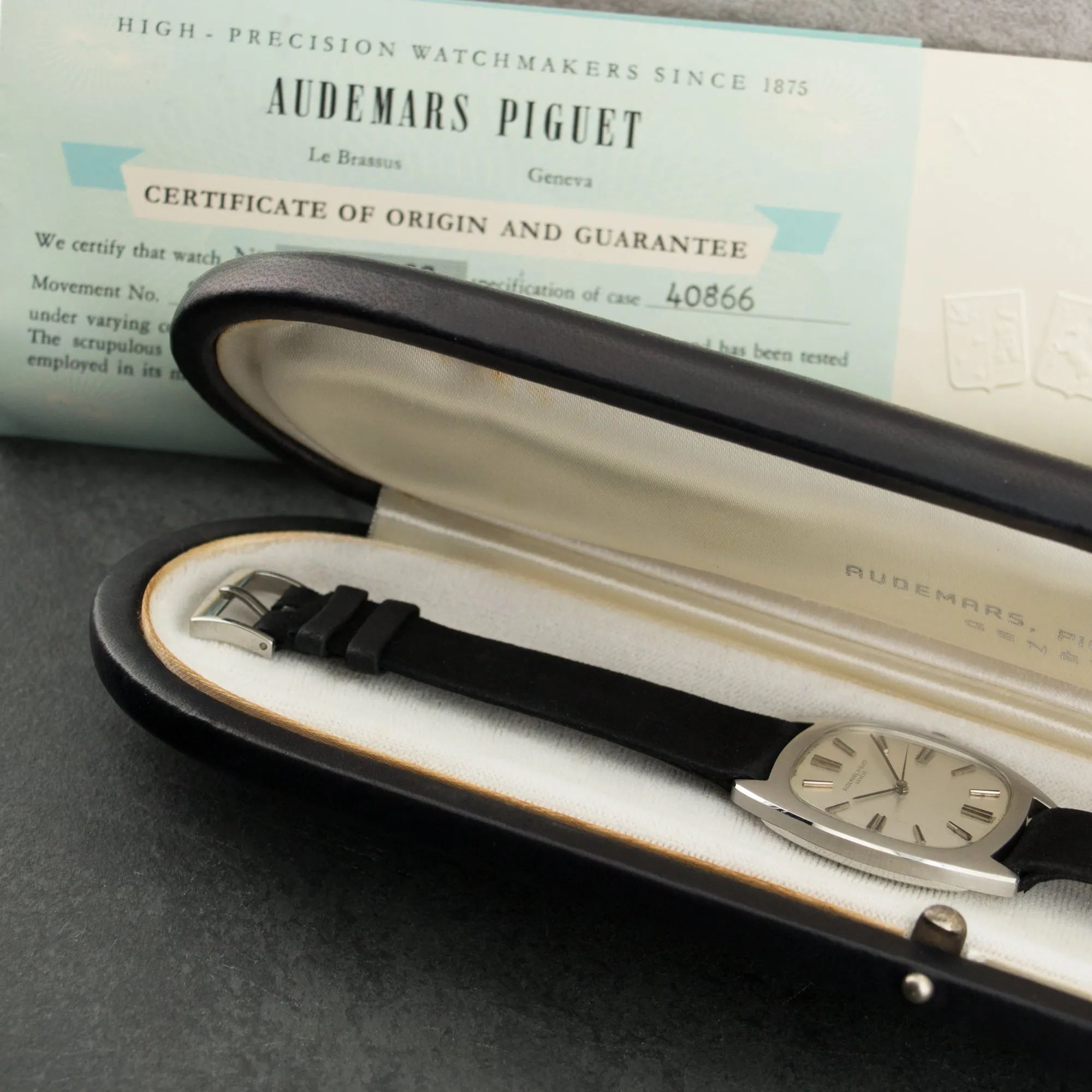 Audemars Piguet Steel Cushion Shaped Strap Watch with Original Box & Papers
