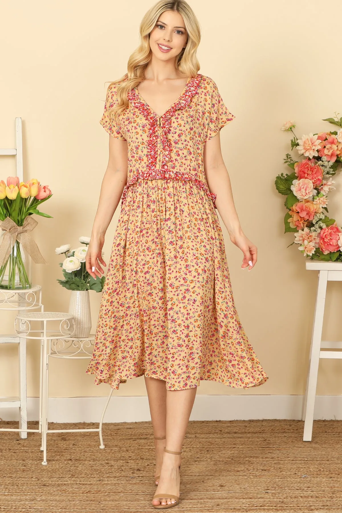 SURPLICE SPAGHETTI STRAP SMOCKED WAIST FLORAL DRESS